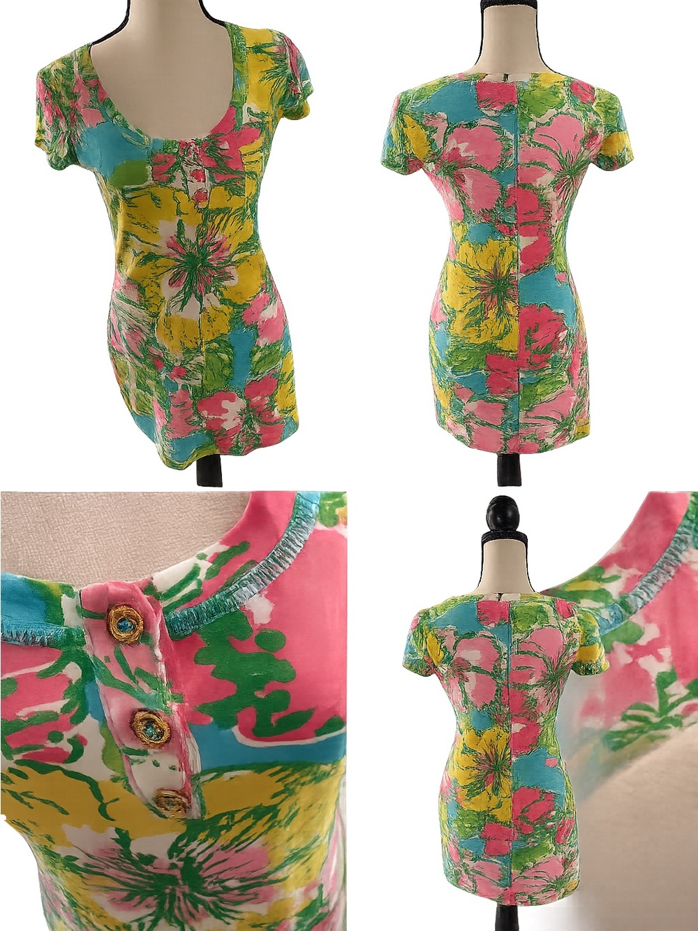 Lilly Pulitzer Floral Scoop Neck Short Sleeve Dress - Pink, Yellow, Teal